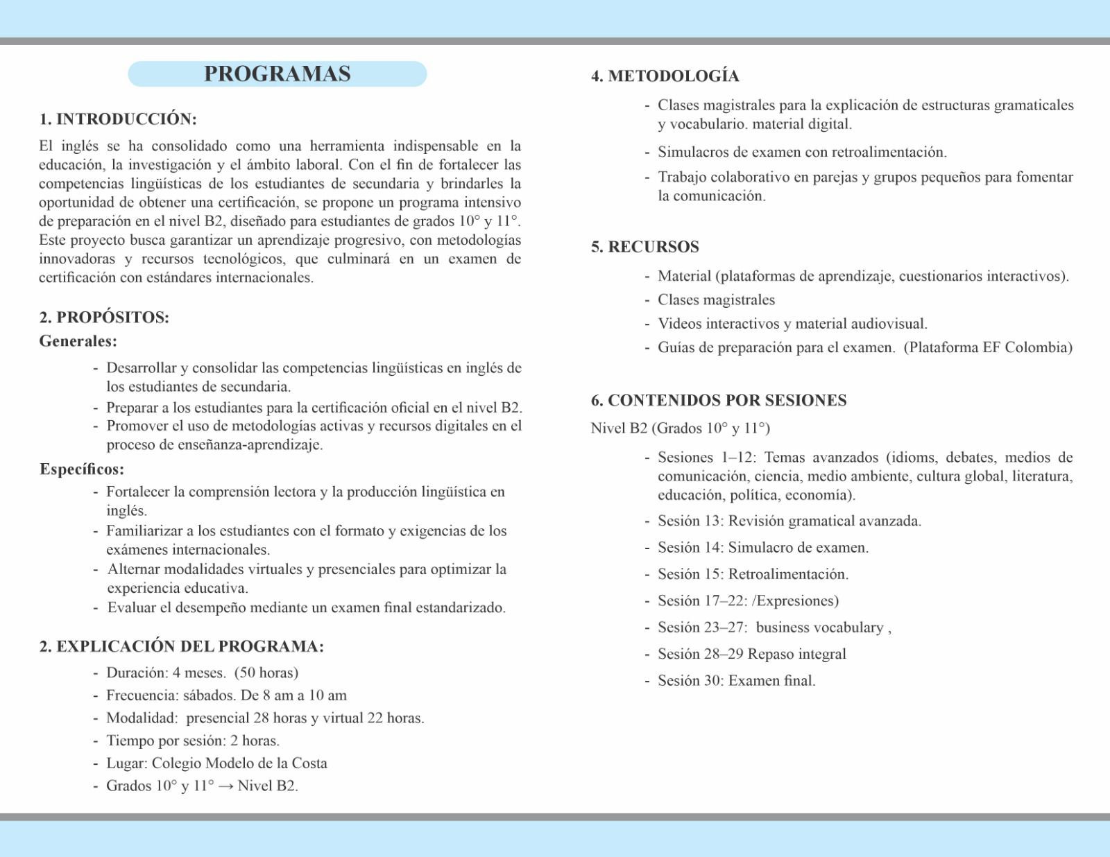 Folleto Icosalud: Introducción y Propósitos del Programa de Inglés B2