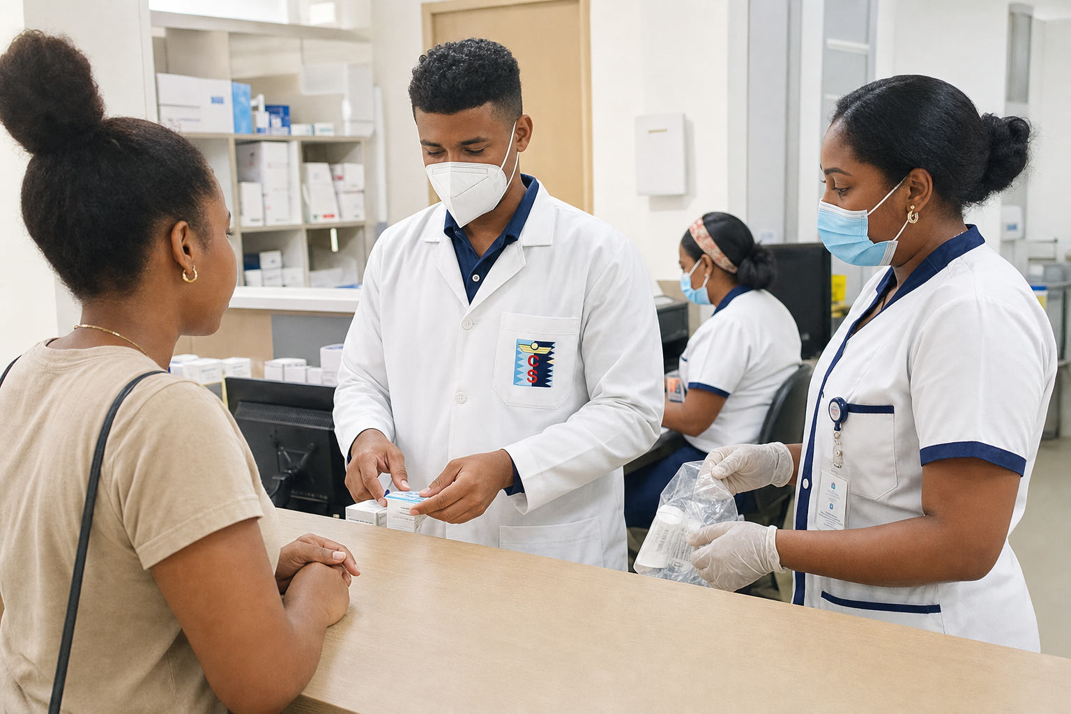 Auxiliar de farmacia atendiendo en mostrador Cartagena