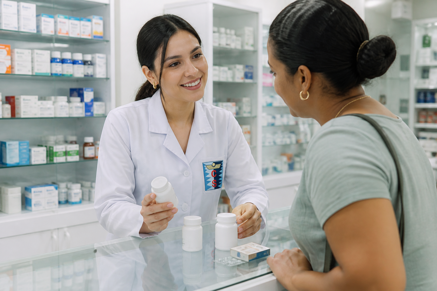 Auxiliar farmacia atendiendo cliente Cartagena