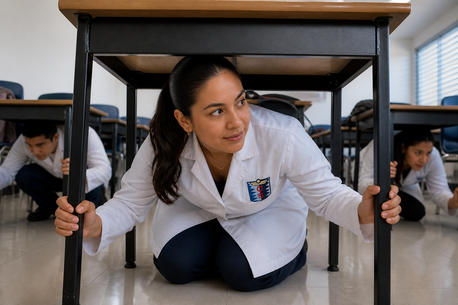 Estudiantes ICOSALUD practicando primeros auxilios y protección en sismo