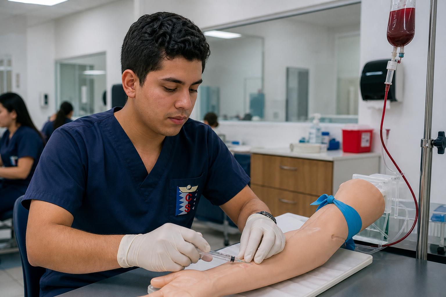 Estudiante ICOSALUD con scrubs y logo ICS canalizando en simulador venoso Cartagena