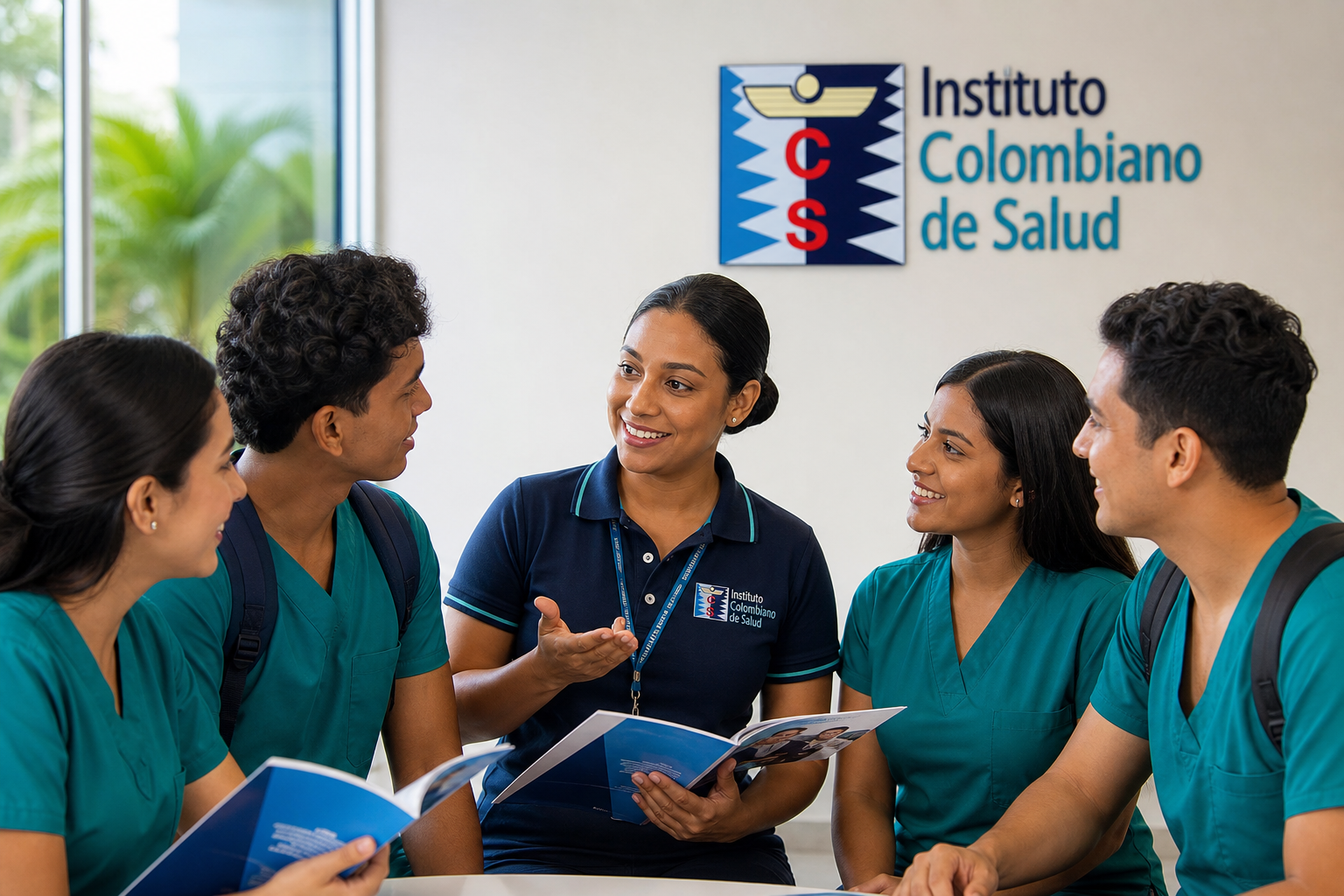 Asesor matrícula ICOSALUD Cartagena estudiantes scrubs logo ICS