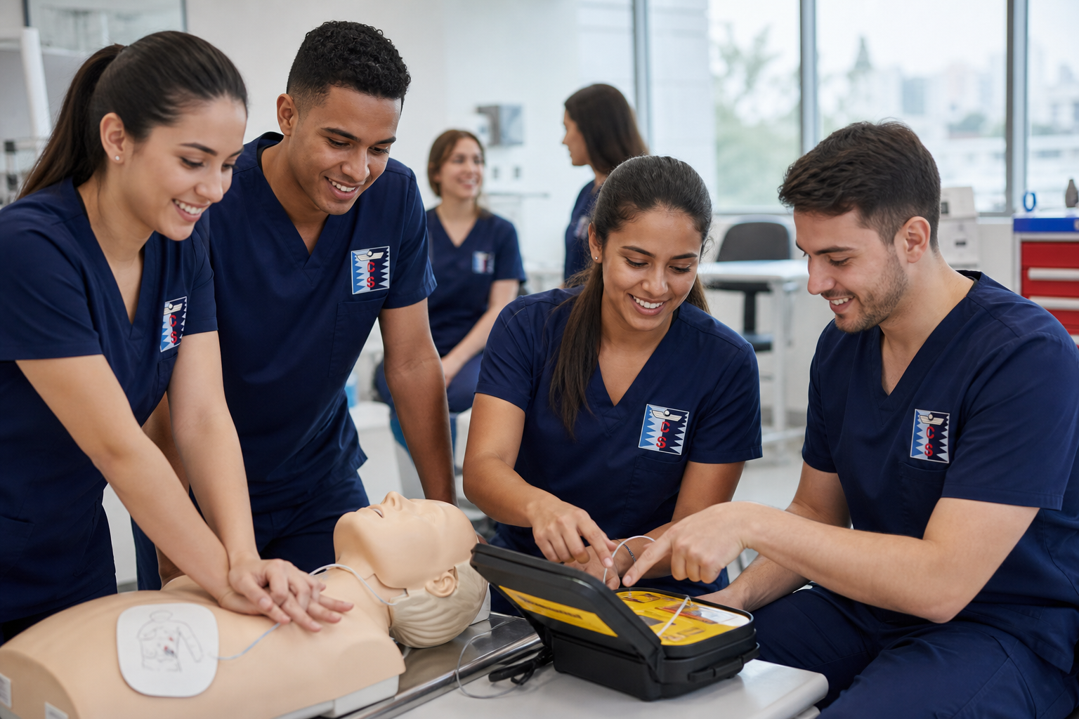 Estudiante ICOSALUD practicando RCP con DEA en laboratorio de Cartagena