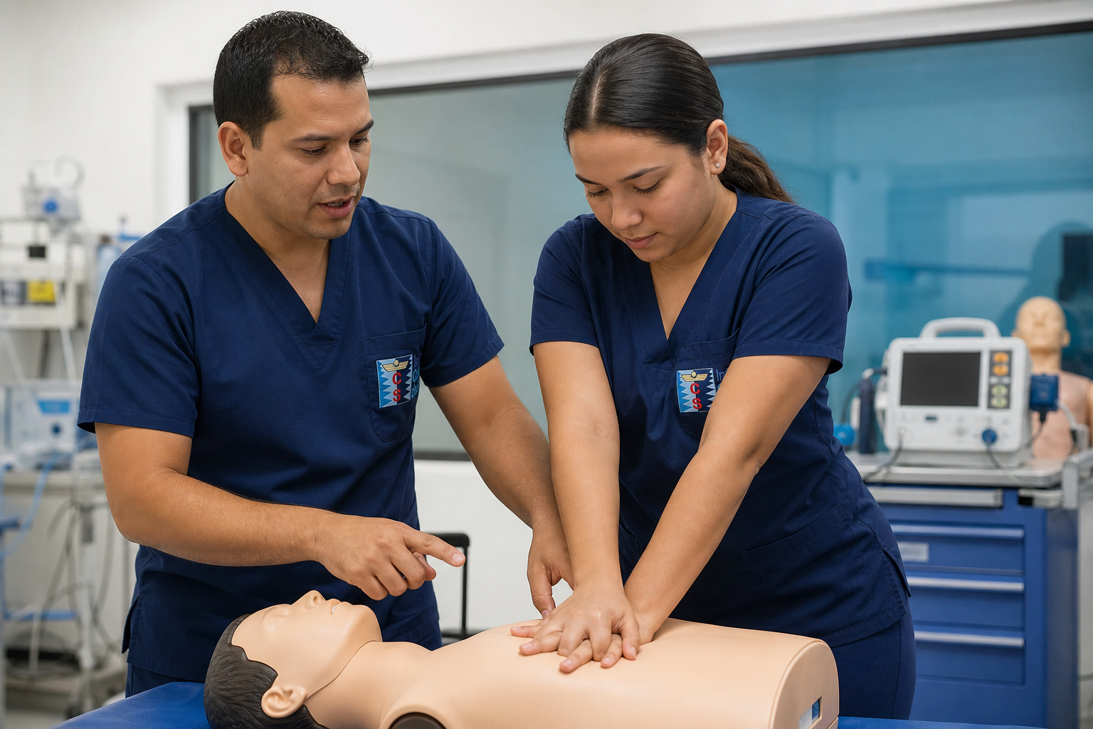 Docente ICOSALUD corrigiendo técnica de RCP con estudiante en Cartagena