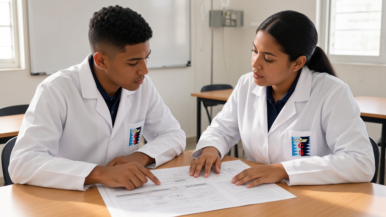 Estudiante ICOSALUD revisando su plan de práctica con un docente