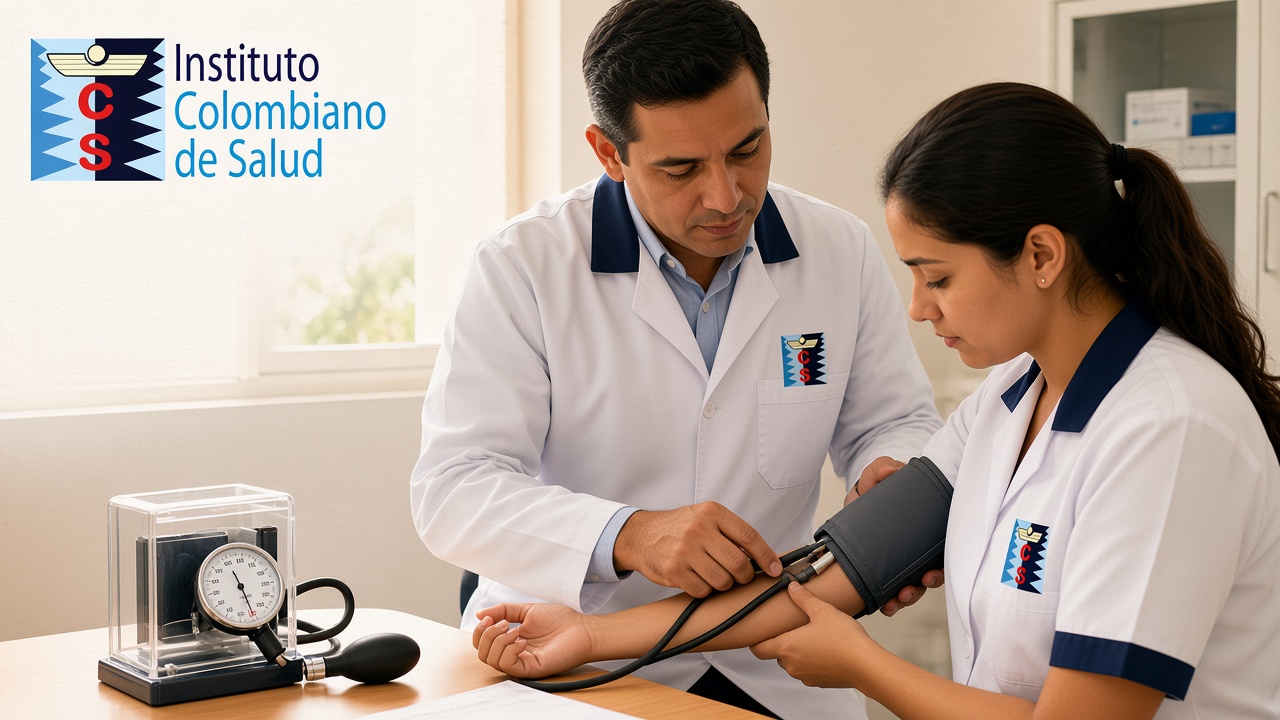 Estudiante ICOSALUD tomando presión arterial con supervisión en Cartagena